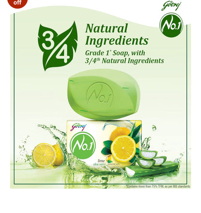 Godrej No.1 Bathing Soap, Lime Aloe Vera, 100g (Pack of 5) (buy 4 Get 1 free)